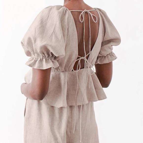 Top T-Shirt puff sleeve peplum khaki linen cotton linen - Picture 4 of 8